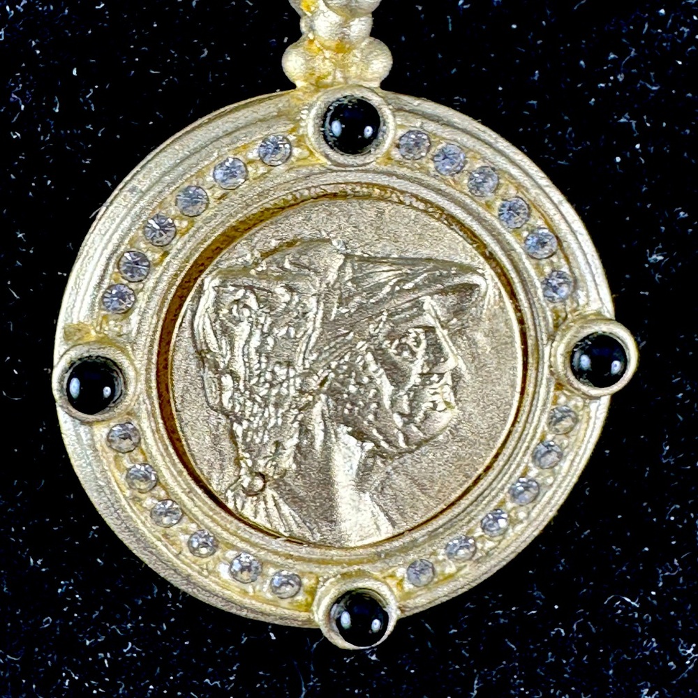 Roman Coin Medallion with black onyx accents and diamond CZ frame, with 20”chain